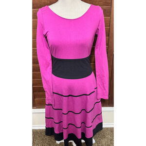 eShakti Fit n Flare Bright Pink Dress Size 0 XS black stripes long sleeve